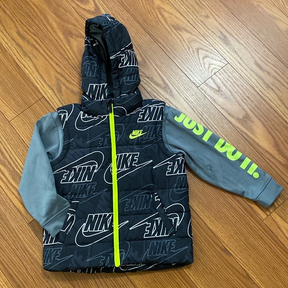 Nike Therma boys full zip puffer hoodie padded mock vest jacket black / volt M - Picture 3 of 13